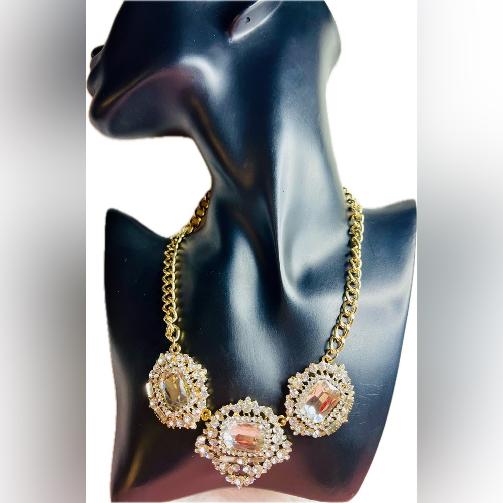 Large Gold Tone Statement Necklace with Crystals and Rhinestones